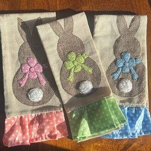 Set of 3 Easter Bunny Kitchen Towels Ruffle Trim Spring Farmhouse Decor